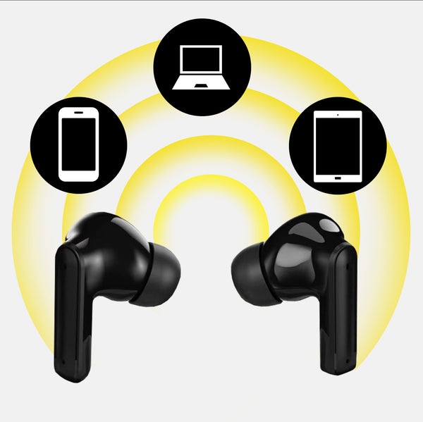 The Kleva Range True Wireless Noise Cancelling AudioPods with Charging Case are shown in black, highlighting smartphone, laptop, and tablet connectivity. Enjoy immersive sound with Active Noise Cancellation. Buy One Get One Free offer included.