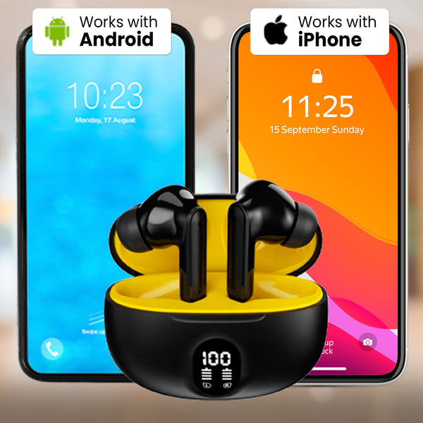 The Kleva Range True Wireless Noise Cancelling AudioPods with Charging Case—Buy One Get One Free—are shown in black and yellow between an Android phone and iPhone, featuring Active Noise Cancellation and cross-device compatibility.