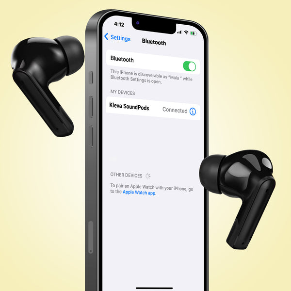 A smartphone Bluetooth screen displays "Kleva True Wireless Noise Cancelling AudioPods" by Kleva Range as connected. Two black earbuds float beside the phone on a light yellow background, emphasizing immersive listening and noise cancellation.