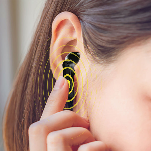 A person inserts a Kleva True Wireless Noise Cancelling AudioPod from Kleva Range, with yellow circles around the earbud illustrating Active Noise Cancellation and Crystal-Clear Calls. Buy One Get One Free with charging case.