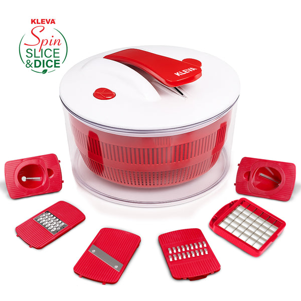 The Kleva® Spin, Slice & Dice by Kleva Range is a red and white manual kitchen chopper with a clear container, featuring five interchangeable red blades—your all-in-one solution for slicing and dicing vegetables in the kitchen.