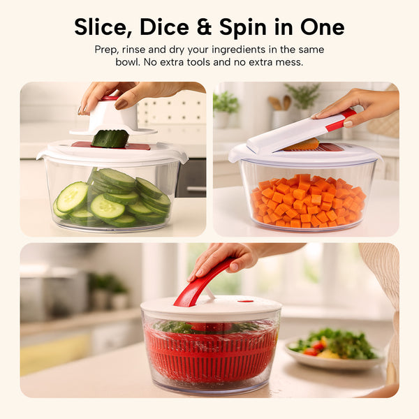 Collage featuring the Kleva® Spin, Slice & Dice by Kleva Range: top left slicing cucumber, top right chopping carrots, and bottom spinning rinsed vegetables in a salad spinner with red handle and white lid.