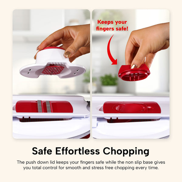 A hand presses the red and white lid of the Kleva® Spin, Slice & Dice by Kleva Range over the slicer, showing its safe, finger-protecting chopping. Text: "Safe Effortless Chopping. Your All-in-One Kitchen Prep Solution.