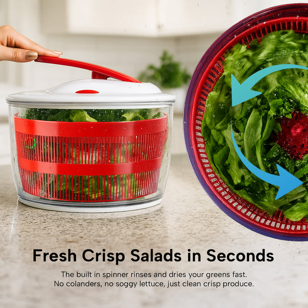 A hand uses the Kleva® Spin, Slice & Dice from Kleva Range, spinning a red inner basket full of greens. A close-up shows produce spun dry, with text noting it's perfect for rinsing and drying produce fast.