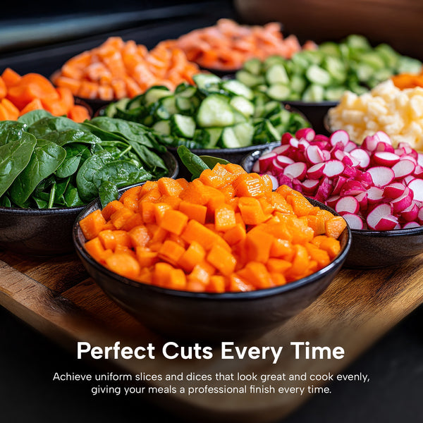Bowls with evenly chopped carrots, radishes, cucumber, spinach, and cauliflower sit on a wooden surface—prepared effortlessly with the Kleva® Spin, Slice & Dice from Kleva Range. Text at the bottom: Perfect Cuts Every Time.