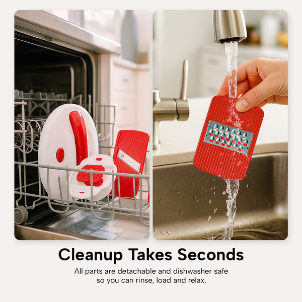 Two images display the Kleva® Spin, Slice & Dice by Kleva Range: one with its parts in a dishwasher, another rinsing the red grate under a faucet. Text below says, “Cleanup Takes Seconds.”.