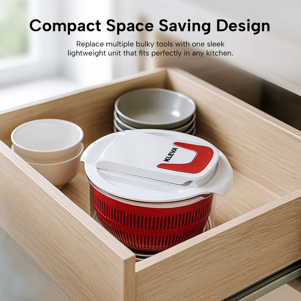 An open wooden drawer holds stacked bowls and the Kleva® Spin, Slice & Dice by Kleva Range—a red and white salad spinner with lid. Text above reads "Compact Space Saving Design," highlighting its convenience for organized kitchens.