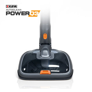 Close-up of the KLEVA® S3 Steam Drive Extension 2 in 1 Floor and Steam Mop for Q3 Stick Vacuum by Kleva Range, featuring a clear cover, black and gray design with orange accents, plus UV sterilisation for superior cleaning. Shown on a white background.