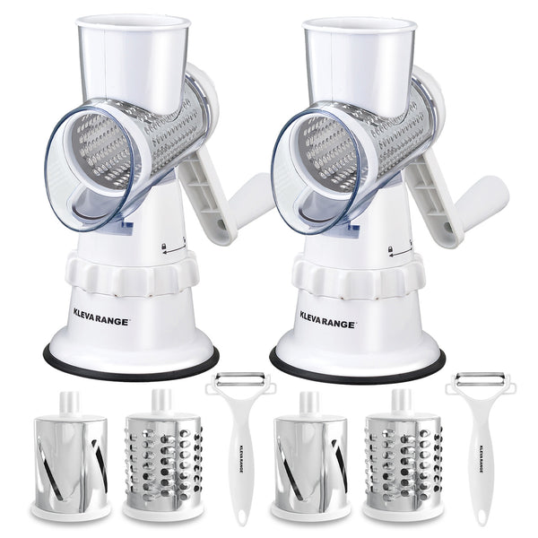 Two white Kleva Range Sumo Slicer® rotary graters are shown with six stainless steel drum attachments and two white vegetable peelers, making this set a versatile tool to slice, grate, and shred cheese or vegetables in seconds.