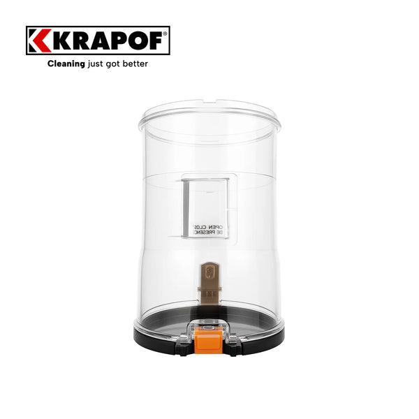 A transparent plastic dust bin with black base and orange latch for the KRAPOF® Super Slim Power Vacuum by Kleva Range, featuring the Krapof logo and "Cleaning just got better" slogan in the top left corner.