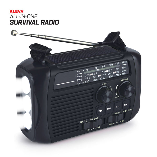 The KLEVA® All-in-1 Survival Radio by Kleva Range is a black portable FM/AM radio with solar and hand-crank power, antenna, volume/tuning dials, buttons, LED lights, and SOS feature. “Kleva All-In-One Survival Radio” appears at the top left.