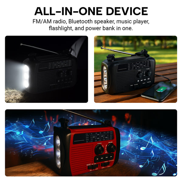 Radio with FM, Bluetooth, and phone charging.