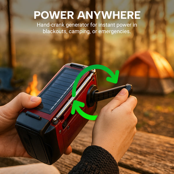 A person uses the KLEVA® All-in-1 Survival Radio by Kleva Range at a campsite. Text: POWER ANYWHERE. Solar & hand-crank FM/AM radio with SOS & LED light—get instant power for blackouts, camping, or emergencies.