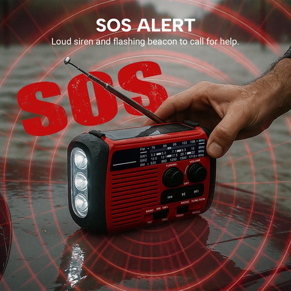 Radio with SOS siren for emergencies.