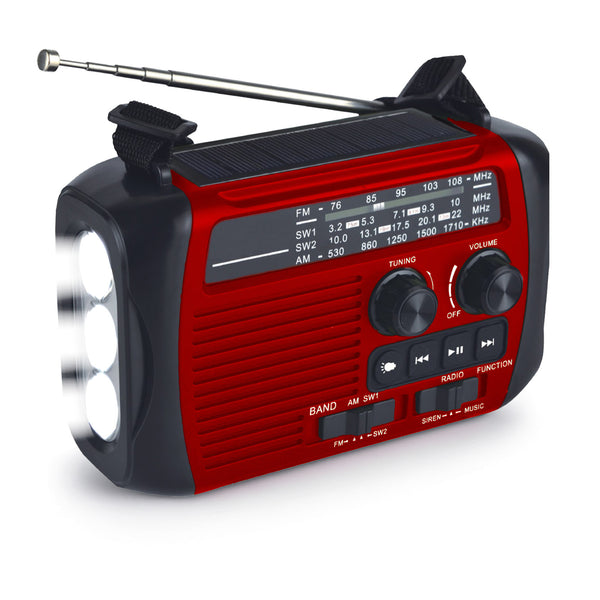 The KLEVA® All-in-1 Survival Radio by Kleva Range is a red portable FM/AM/SW radio with a black handle, antenna, tuning and volume dials, three LED lights on the left side, and solar or hand-crank power options for emergencies.