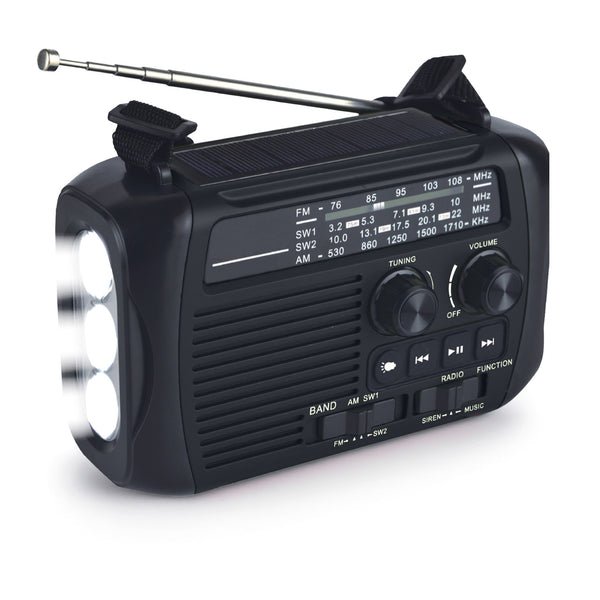The KLEVA® All-in-1 Survival Radio by Kleva Range is a black, portable FM/AM radio with solar panel, hand crank, extendable antenna, side three-LED light, front tuning/volume knobs, plus visible frequency bands and function buttons.