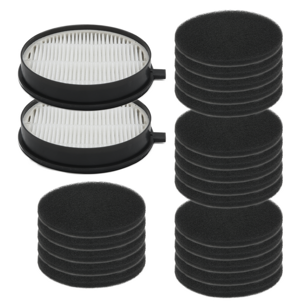 A set of black HEPA filters and sponge filters for a vacuum cleaner, with circular shapes and a mix of solid and perforated designs.