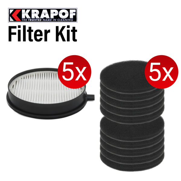 The image displays the Kleva Range PHONE SPECIAL - KRAPOF® Super Slim Power Vac Hepa Filters kit, with a white pleated HEPA filter and five stacked black foam filters, each marked 5x—designed to enhance indoor air quality.