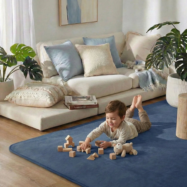 Soft blue tatami floor mat for kids play area, cushioned Japanese style floor mat for living room and nursery