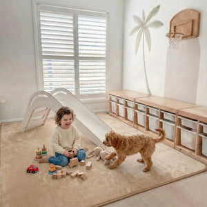 Beige tatami floor mat in children’s room, plush Japanese tatami mat floor for bedroom and play space
