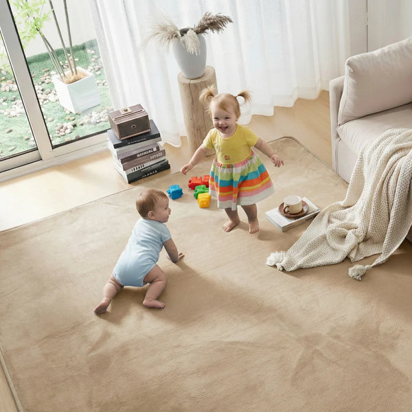 Beige tatami floor mat in children’s room, plush Japanese tatami mat floor for bedroom and play space