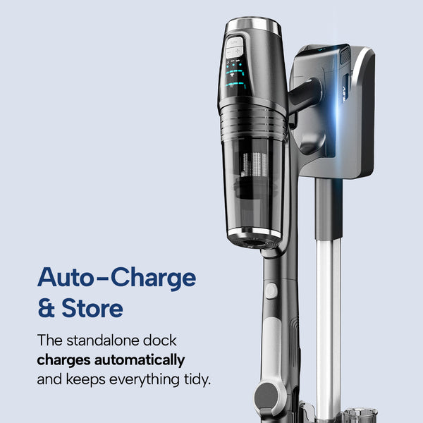Wet & Dry 2-in-1 Cordless Stick Vacuum placed on a charging dock. 
