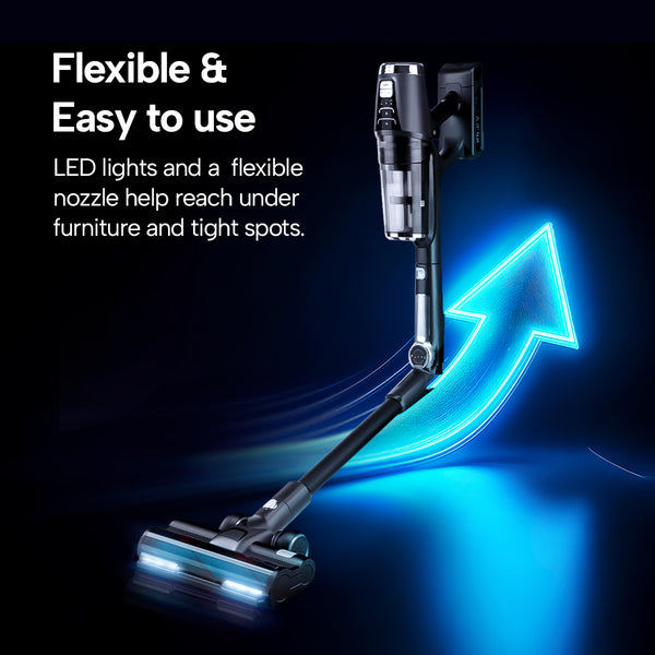 Wet & Dry Cordless Stick Vacuum with LED lights and a flexible nozzle, designed to reach under furniture and tight spaces.

