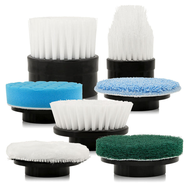The KRAPOF® Replaceable Cleaning Heads Set for Tough Scrub Excel by Kleva Range includes six attachments—white bristles, microfiber, blue sponges, and a green scouring pad—all with black bases for versatile surface scrubbing.