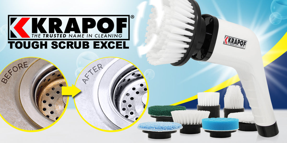 KRAPOF® Electric Cordless Tough Scrub Excel with 7 Replaceable Cleanin Kleva Range Everyday