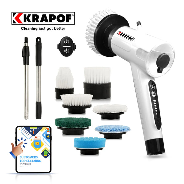 Krapof electric spin scrubber cleaning kit with extension handle and multiple interchangeable brush attachments