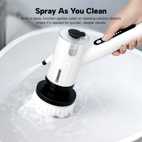 Electric spin scrubber with built-in spray cleaning a sink with soapy water for fast bathroom and kitchen cleaning