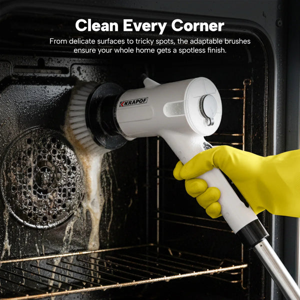 Electric spin scrubber cleaning inside an oven with extension pole for hard-to-reach areas