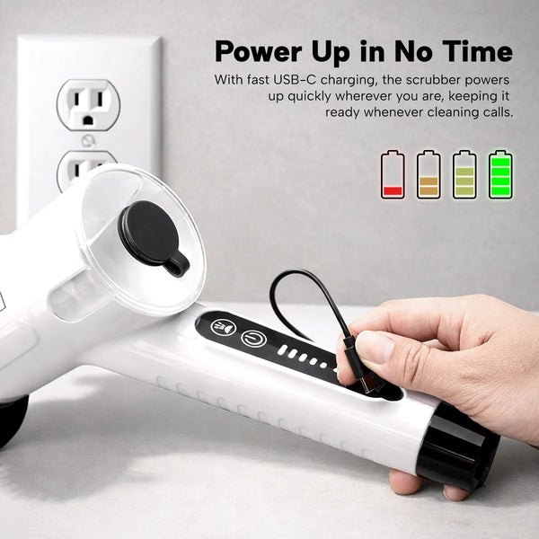 USB-C rechargeable electric spin scrubber charging with battery level indicator