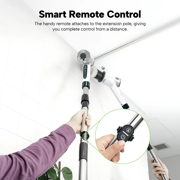 Electric spin scrubber with extension pole and remote control cleaning high bathroom tiles