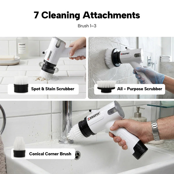 Electric spin scrubber cleaning attachments including spot stain brush, all-purpose scrubber and conical corner brush for bathroom tiles and grout