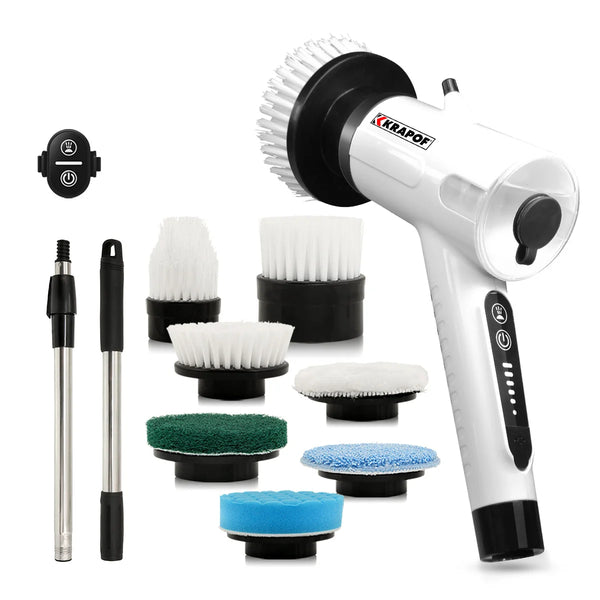 Complete electric spin scrubber cleaning set with extension handle remote control and multiple brush attachments