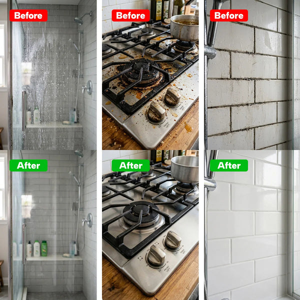 Electric spin scrubber removes soap scum, grease and grout stains from shower glass, stovetops and bathroom tiles