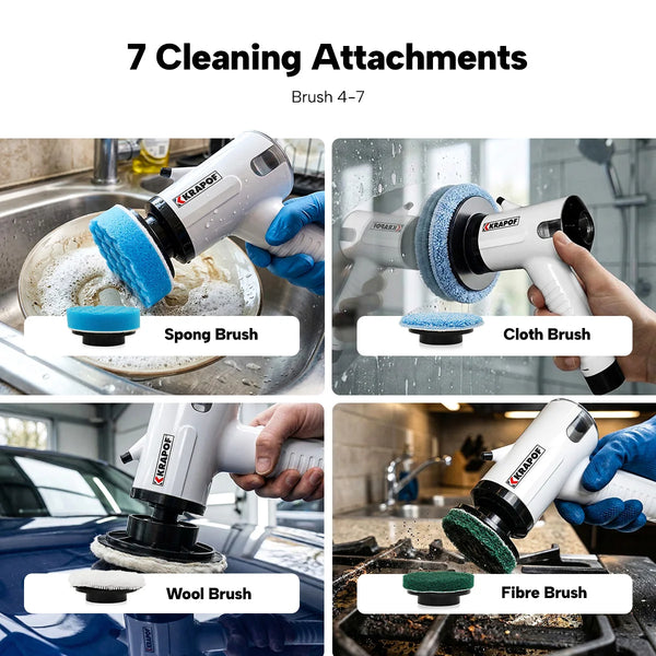 Electric spin scrubber brush set including sponge brush, cloth polishing pad, wool buffer and fibre scrub pad for kitchen, bathroom and car cleaning