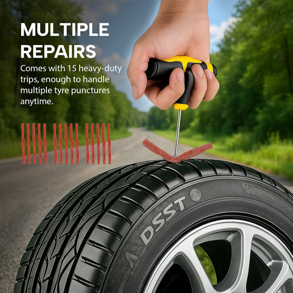Repair several punctures with 15 tough rubber strips.