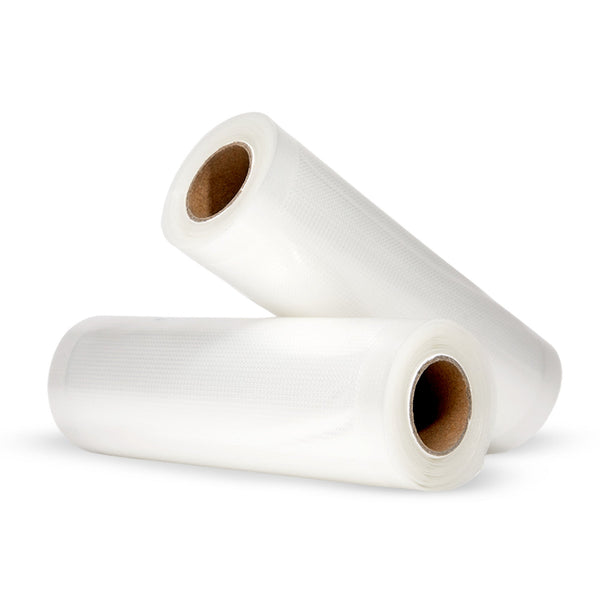 Two rolls of clear plastic Kleva Vac Seal & Save Bags against a white background.