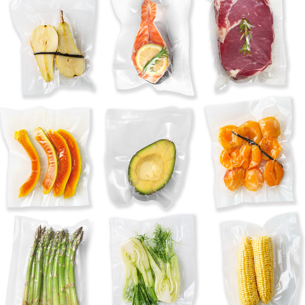 Nine foods, such as salmon, steak, and avocado, are kept fresh in Kleva® Vac Seal & Save Bags by Kleva Range—BPA-free vacuum bags that keep food up to 5 times fresher.