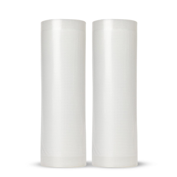 Two upright rolls of Kleva® Vac Seal & Save Bags by Kleva Range, keeping your food 5 times fresh, are placed side by side on a plain white background—ideal for use as food storage or vacuum seal bags.
