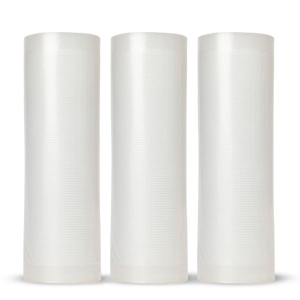 Three clear, textured Kleva® Vac Seal & Save Bags from Kleva Range—designed to keep food fresh 5 times longer—stand neatly in a row against a plain white background.