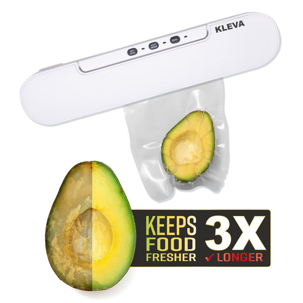 The Kleva® Vac Seal & Save Food Saver Vacuum Sealer from Kleva Range seals half an avocado in a bag, keeping food fresher 3x longer and reducing waste. Includes FREE Sealer Bags Rolls—perfect for extending food freshness!.