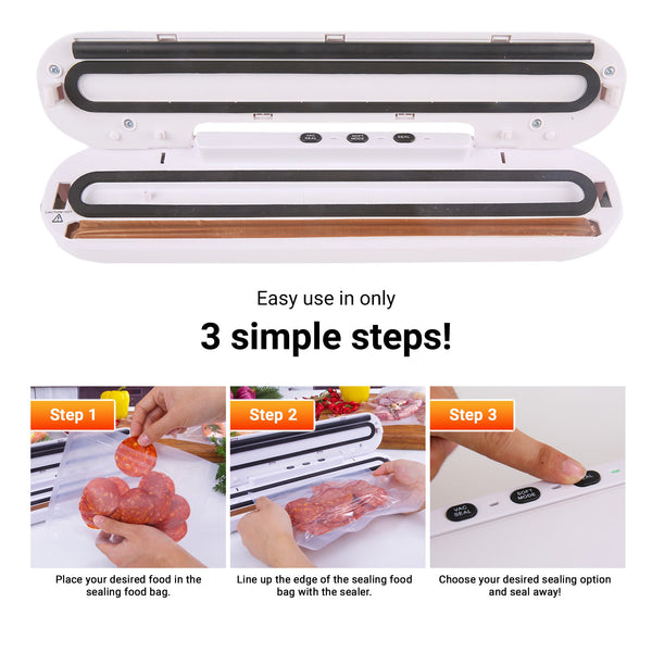 The Kleva® Vac Seal & Save Food Saver Vacuum Sealer by Kleva Range is shown open with its interior visible. Below, photos illustrate three steps: put food in a bag, line up the bag in the sealer, and press buttons to seal for freshness. Includes free sealer bags rolls.