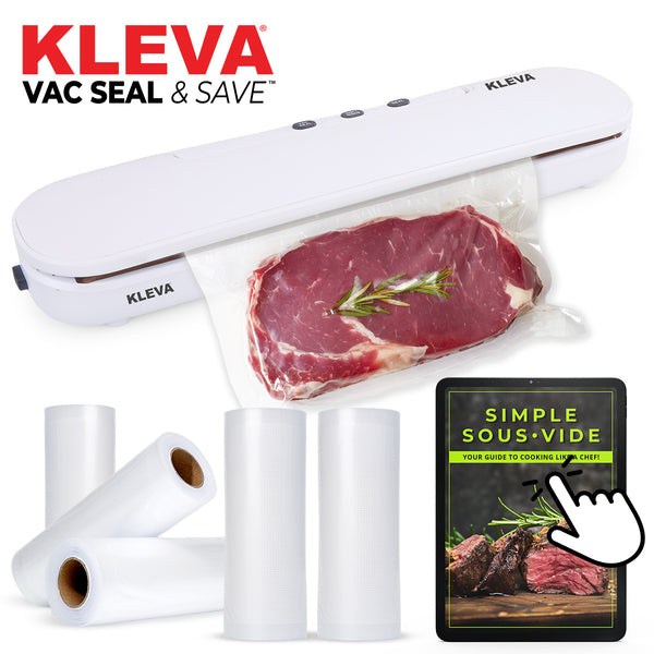The Kleva Range® Vac Seal & Save Food Saver Vacuum Sealer keeps food fresh by sealing bags, shown here with raw steak and rosemary. Also pictured: four free sealer bag rolls and a tablet displaying a sous-vide steak guide.