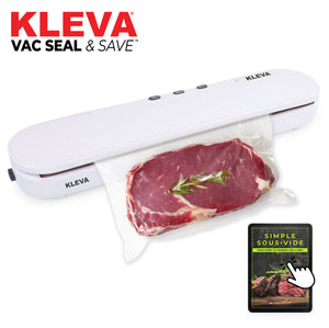 A white Kleva® Vac Seal & Save Food Saver Vacuum Sealer from Kleva Range is sealing a bag with a raw steak and rosemary, efficiently preserving freshness. The device displays the Kleva logo, and a sous-vide recipe guide appears in the bottom right corner.