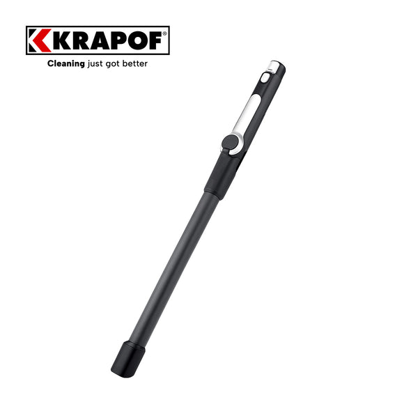 A black and gray Flexible Rep Pole for the KRAPOF® Wet & Dry 2-in-1 Vacuum by Kleva Range is shown angled, featuring a round slider and button. The KRAPOF Cordless Vacuum logo and "Cleaning just got better" appear in the top left corner.