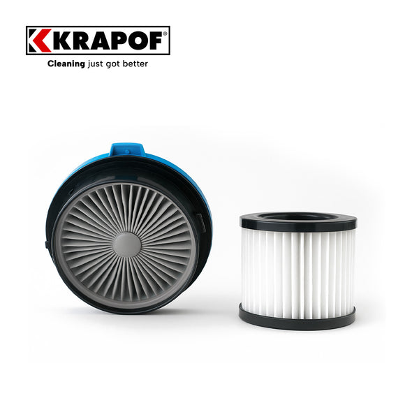 Two cylindrical Hepa Filters from Kleva Range, compatible with KRAPOF® Wet & Dry 2-in-1 Vacuums, are shown—one lying flat and one upright—featuring white pleats, black edges, and the Krapof logo in the top left corner.