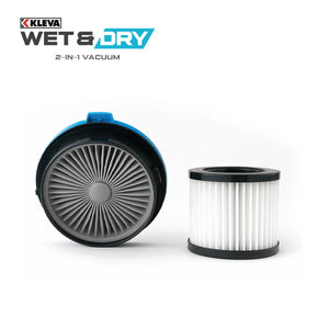 Two cylindrical Hepa Filters from Kleva Range, compatible with KRAPOF® Wet & Dry 2-in-1 Vacuums, are shown—one lying flat and one upright—featuring white pleats, black edges, and the Krapof logo in the top left corner.